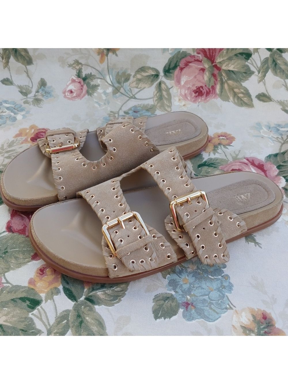Zara Tan Suede Double Strap Slide Sandals with Gromets Women's size US 11 Euro 4 - Picture 4 of 17